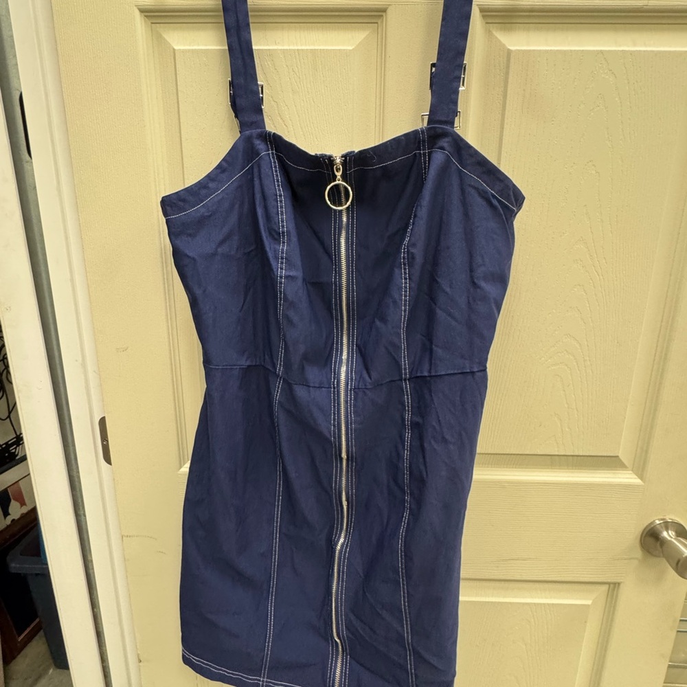 Ashley Stewart Navy Blue Zip-Front Denim Mini Dress